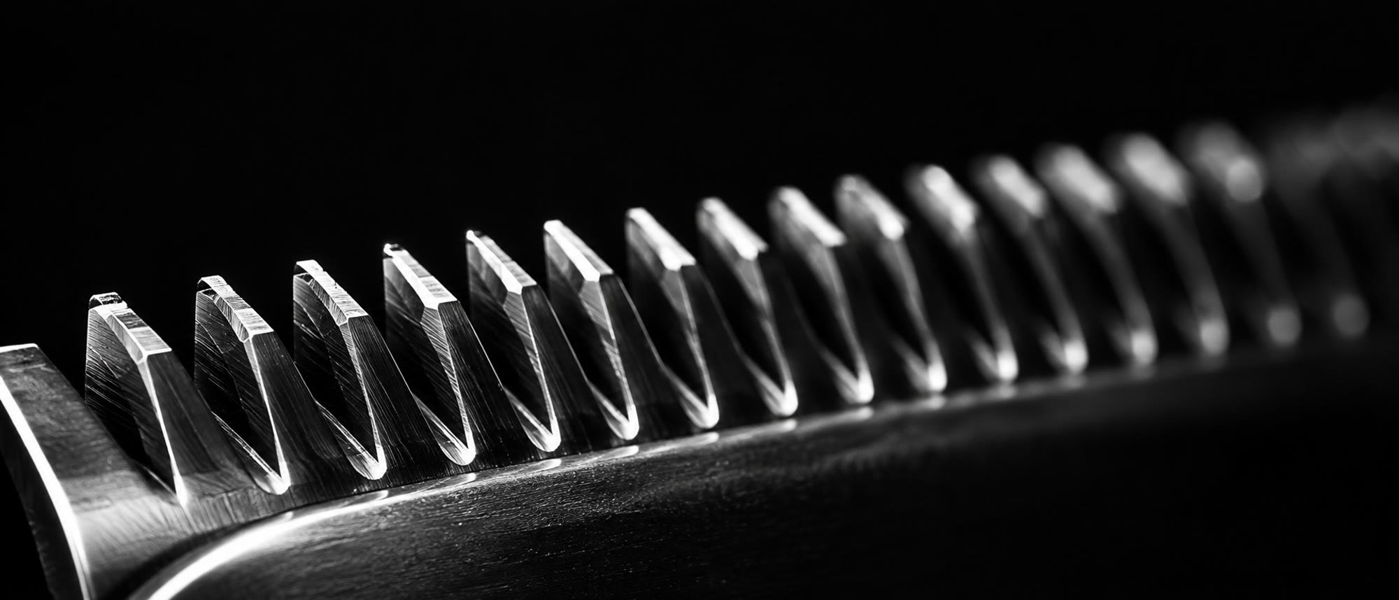 Dentes da lâmina de uma máquina de cortar cabelo, em macro